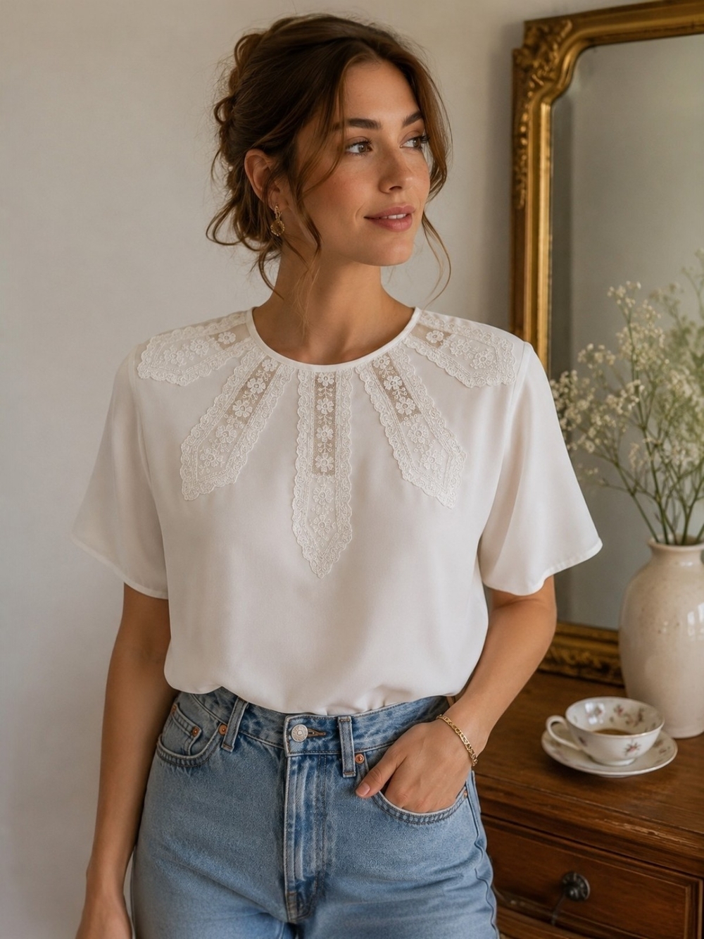 Vintage 90s Medium White Lace Yoke Blouse Coquette Cottagecore Bridal Victorian